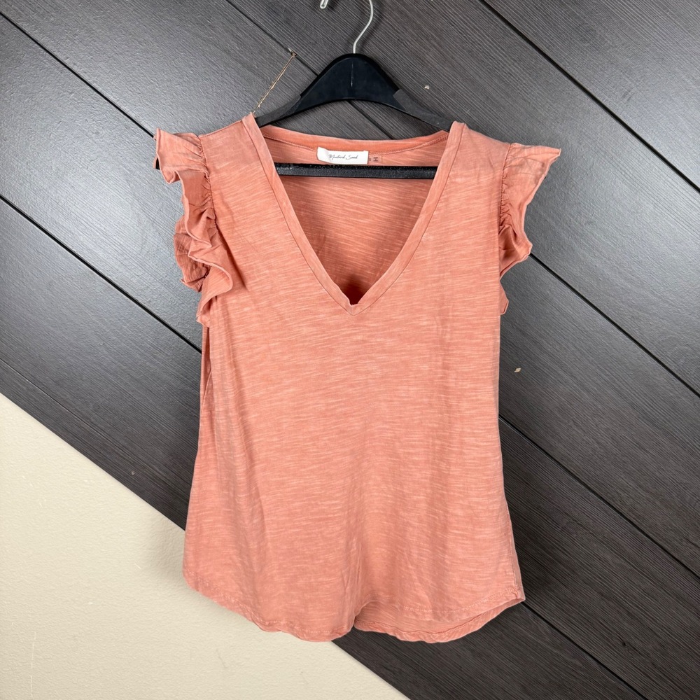 Mustard Seed Women's Small Dusty Coral Ruffle Sleeve V Neck Top Boho Casual